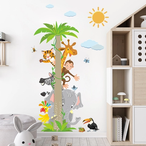 Cartoon Jungle Animals Wall Sticker Elephant Giraffe Monkey Palm Tree PVC Decal For Kids Room Nursery Kindergarten Decor