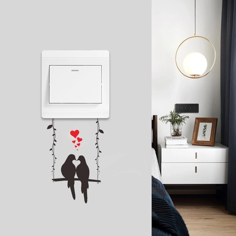 PVC Couple Birds Swing Switch Sticker With Red Heart Pattern For Living Room Home Decor Valentine's Day Wall Decal