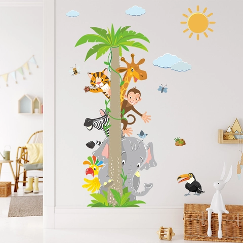 Cartoon Jungle Animals Wall Sticker Elephant Giraffe Monkey Palm Tree PVC Decal For Kids Room Nursery Kindergarten Decor