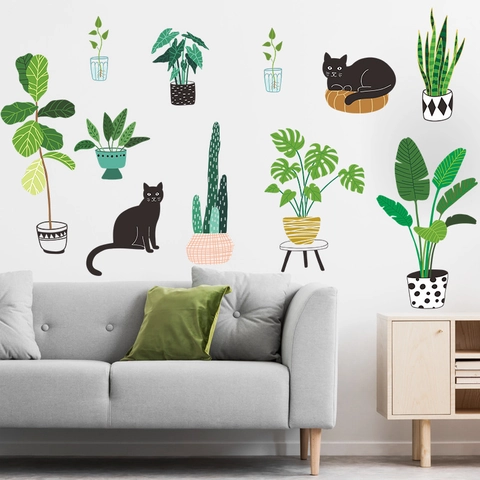 Adesivi Murali Piante Tropicali in Vaso PVC Gatto Nero Foglie Verdi Decalcomanie Murali Rimovibili Per Soggiorno Camera Casa