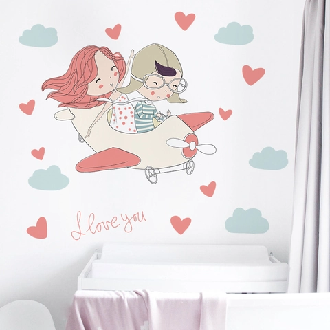 Cartoon Couple Airplane Heart Wall Sticker PVC Decorative Decal For Kids Room Bedroom Valentine's Day Home Decoration FX-E128