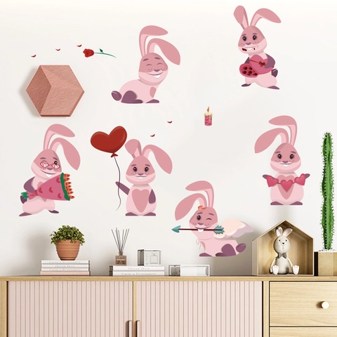 Valentine Day Cartoon Rabbit Wall Decals Pink Heart Balloon Flower DIY Removable PVC Sticker For Bedroom Home Decoration