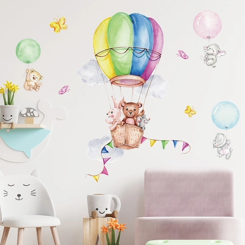 Stickers Muraux Aquarelle Dessin Animé Animal Montgolfière PVC Amovible Décoratif pour Chambre d'Enfant Crèche Chambre à Coucher