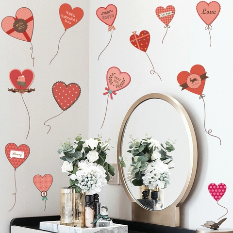 Romantische Herzballon Wandtattoo PVC Rot Rosa Herzmuster Abnehmbare Selbstklebende Aufkleber Für Valentinstag Deko
