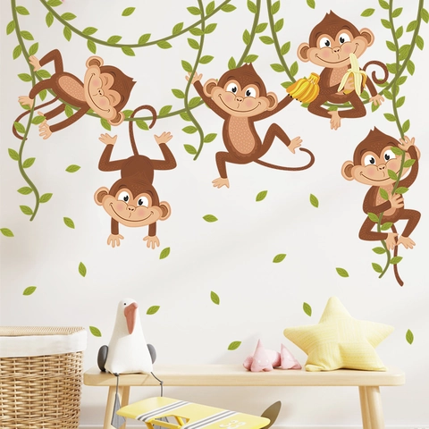 Cartoon Monkeys Vine Wall Stickers PVC Self Adhesive Animal Tree Branch Decals For Kids Room Kindergarten Home Wall Decor