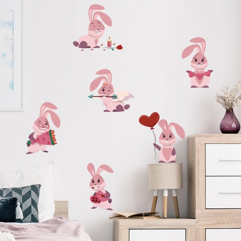 Valentine Day Cartoon Rabbit Wall Decals Pink Heart Balloon Flower DIY Removable PVC Sticker For Bedroom Home Decoration