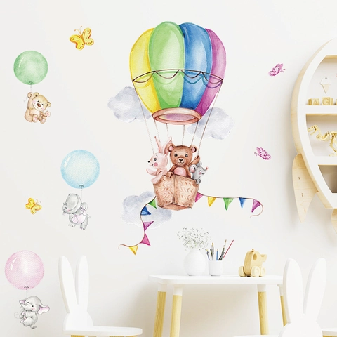Stickers Muraux Aquarelle Dessin Animé Animal Montgolfière PVC Amovible Décoratif pour Chambre d'Enfant Crèche Chambre à Coucher