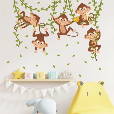 Cartoon Monkeys Vine Wall Stickers PVC Self Adhesive Animal Tree Branch Decals For Kids Room Kindergarten Home Wall Decor