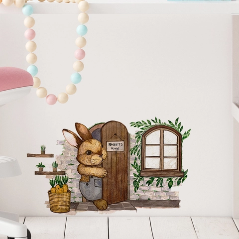Vinilo Decorativo Pared Casa Conejo Acuarela Dibujos Animados Decoración Ventana Puerta Madera Animal para Dormitorio Casa