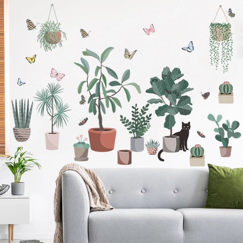 Adesivo da Parete in PVC Con Piante Verdi in Vaso Gatto Farfalla Autoadesivo Decorazione Casa per Soggiorno Camera da Letto Decalcomania