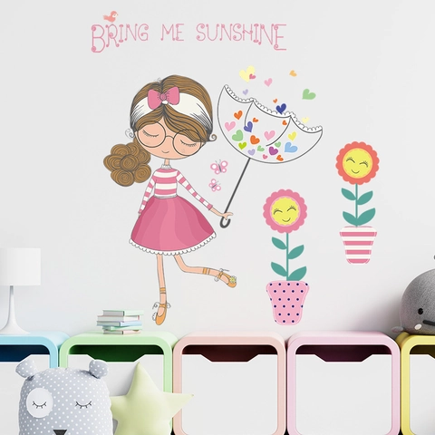 Adesivo da Parete Ragazza Cartone Animato Con Ombrello Cuore Girasole Bring Me Sunshine PVC DIY Decalcomania Per Cameretta