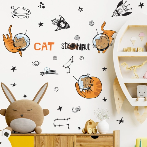 Adesivi Murali Gatto Spaziale Cartone Animato in PVC Gatto Astronauta Razzo Pianeta Costellazione per Cameretta Bambini