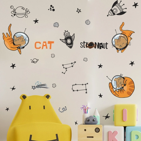 Adesivi Murali Gatto Spaziale Cartone Animato in PVC Gatto Astronauta Razzo Pianeta Costellazione per Cameretta Bambini