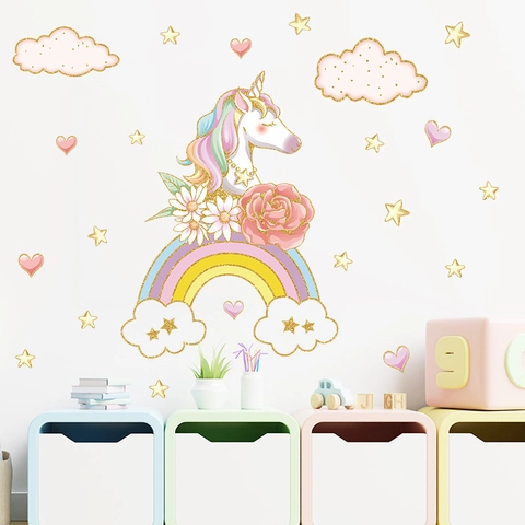 Cartoon Einhorn Regenbogen Wandaufkleber PVC Abnehmbare Wolken Sterne Herz Wandtattoos Für Kinderzimmer Dekoration
