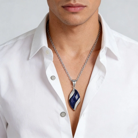 Men's Stainless Steel Blue Sandstone Leaf Pendant Necklace Fashion Vintage Geometric Stone Charm Jewelry For Daily Party