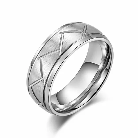 Anello da Uomo in Acciaio al Titanio Nero Argento Finitura Spazzolata Linea Diagonale Geometrica Gioielli Punk per Uomo