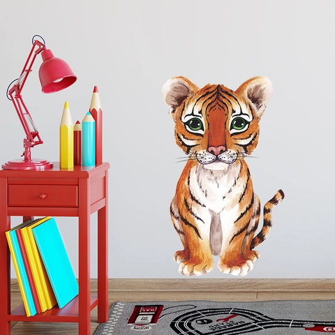 Sticker Mural Tigre Dessin Animé Aquarelle Pour Chambre d'Enfant Crèche PVC Amovible Décalcomanie Animale Décoration Murale