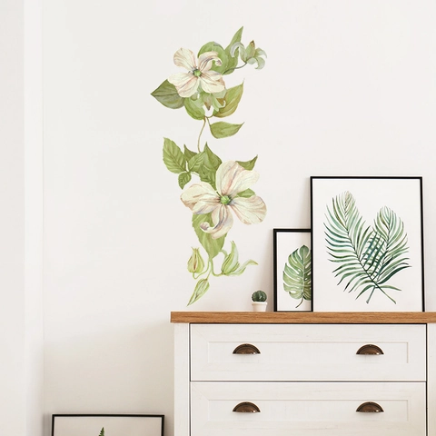Watercolor Clematis Flower Green Leaves Wall Sticker PVC Self-Adhesive Home Decor Floral Decal For Bedroom Living Room