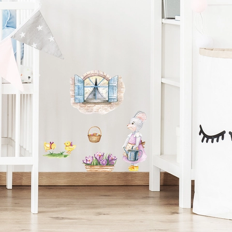 Watercolor Cartoon Mouse Rabbit Chick Flower Wall Stickers Removable PVC Window Decals For Kids Room Nursery Home Decor
