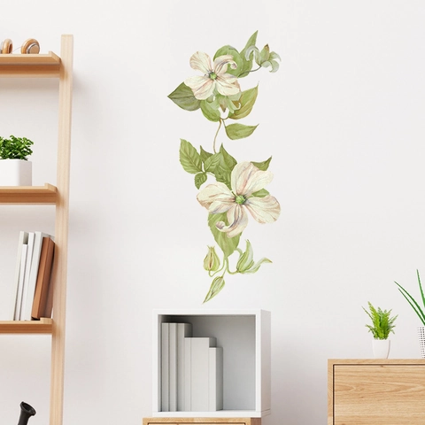 Watercolor Clematis Flower Green Leaves Wall Sticker PVC Self-Adhesive Home Decor Floral Decal For Bedroom Living Room