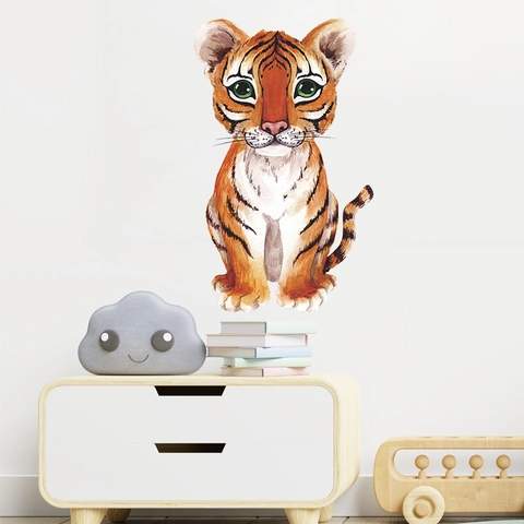Sticker Mural Tigre Dessin Animé Aquarelle Pour Chambre d'Enfant Crèche PVC Amovible Décalcomanie Animale Décoration Murale