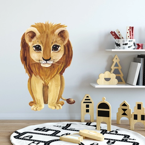 Sticker Mural Lion Aquarelle Dessin Animé en PVC Auto-adhésif Décalcomanie Animale Pour Chambre d'Enfant Décoration