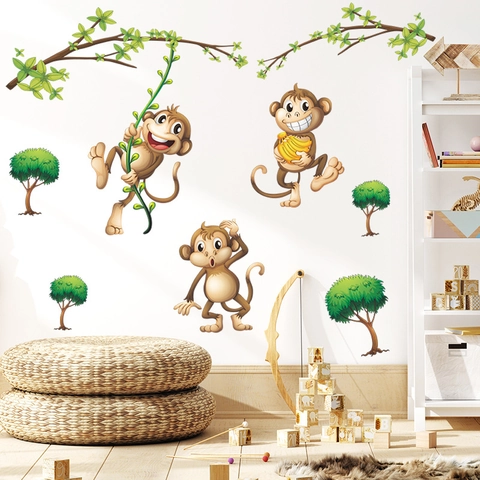 Cartoon Monkey Jungle Tree Wall Sticker PVC Removable DIY Wall Decal For Kids Room Nursery Bedroom Kindergarten Decoration