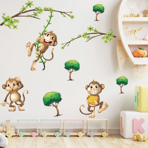 Cartoon Monkey Jungle Tree Wall Sticker PVC Removable DIY Wall Decal For Kids Room Nursery Bedroom Kindergarten Decoration