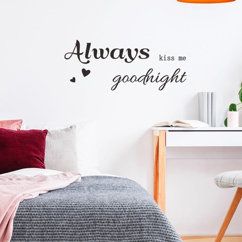 Creatieve Quote Always Kiss Me Goodnight Muursticker PVC Verwijderbare DIY Hart Muurschildering Kunst Voor Slaapkamer