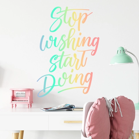 Rainbow Gradient PVC Wall Sticker Inspirational Stop Wishing Start Doing Quote Decal Bedroom Office Home Wall Decor Art