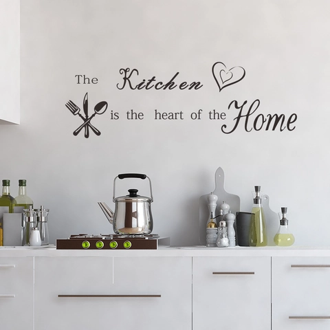 Cuisine Est Le Coeur De La Maison PVC Autocollant Mural Couteau Fourchette Cuillère Lettrage Amovible Adhésif Décor Cuisine