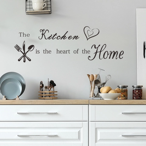 Cuisine Est Le Coeur De La Maison PVC Autocollant Mural Couteau Fourchette Cuillère Lettrage Amovible Adhésif Décor Cuisine
