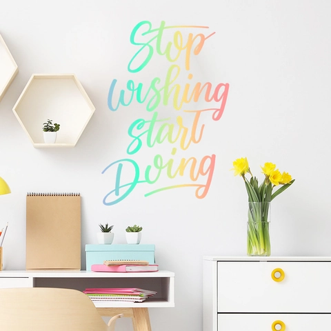 Rainbow Gradient PVC Wall Sticker Inspirational Stop Wishing Start Doing Quote Decal Bedroom Office Home Wall Decor Art