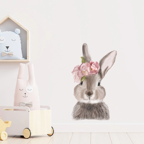 Cute Cartoon Rabbit Pink Flower PVC Wall Sticker DIY Self Adhesive Art Decals For Kids Room Nursery Home Decorative Poster