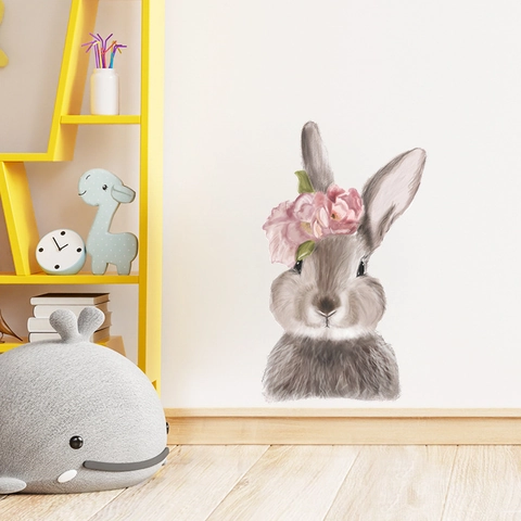Cute Cartoon Rabbit Pink Flower PVC Wall Sticker DIY Self Adhesive Art Decals For Kids Room Nursery Home Decorative Poster