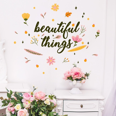 Beautiful Things Englischer Satz Wandaufkleber Mit Bunten Blumen Blattmustern PVC Abnehmbares Kunstdekor Für Zuhause