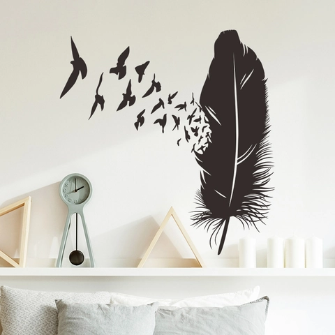 Stickers Muraux Artistiques Plume Noire Et Oiseaux En Vol Décalcomanie Murale En PVC Auto-Adhésive Pour Chambre Salon Décoration Maison