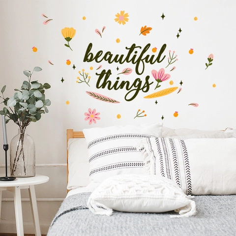 Beautiful Things Englischer Satz Wandaufkleber Mit Bunten Blumen Blattmustern PVC Abnehmbares Kunstdekor Für Zuhause