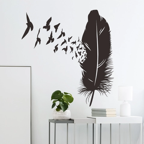 Stickers Muraux Artistiques Plume Noire Et Oiseaux En Vol Décalcomanie Murale En PVC Auto-Adhésive Pour Chambre Salon Décoration Maison