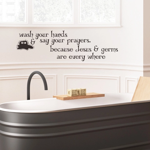 Pegatina de Pared para Baño Wash Your Hands Say Your Prayers PVC Autoadhesivo Jesús Y Gérmenes Vinilo Removible para Inodoro