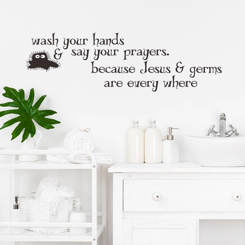 Pegatina de Pared para Baño Wash Your Hands Say Your Prayers PVC Autoadhesivo Jesús Y Gérmenes Vinilo Removible para Inodoro