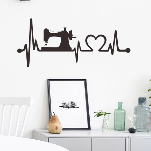 Kreative Nähmaschine Herzschlag EKG Wandaufkleber Schwarz PVC Selbstklebend Wandtattoo Für Nähzimmer Schlafzimmer Wohnkultur