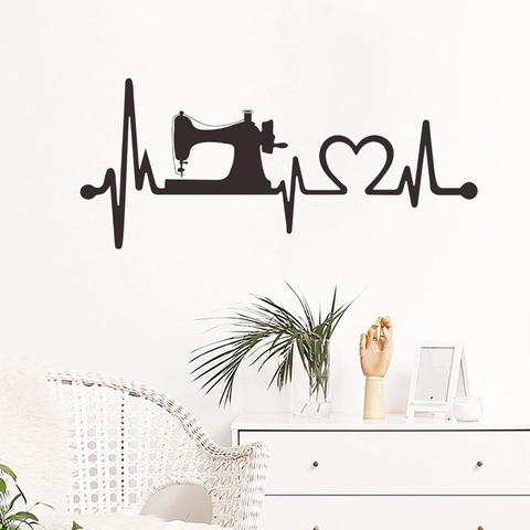 Kreative Nähmaschine Herzschlag EKG Wandaufkleber Schwarz PVC Selbstklebend Wandtattoo Für Nähzimmer Schlafzimmer Wohnkultur