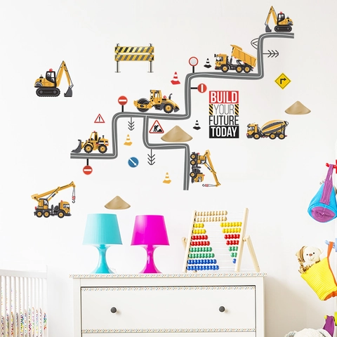 Baufahrzeug Bagger Straße Wandaufkleber Für Kinderzimmer Kindergarten PVC Selbstklebend Bauen Sie Ihre Zukunft Haus Dekoration