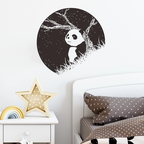 Autocollant Mural Rond Panda Noir Et Blanc Créatif Minimaliste Moderne Ciel Étoilé Nuit Décoratif Mural En PVC Pour Chambre Salon Décoration Murale Maison