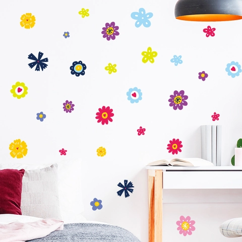 Colorful Cartoon Flower Wall Stickers DIY PVC Removable Nursery Kids Room Home Decor Aesthetic Floral Wall Decals
