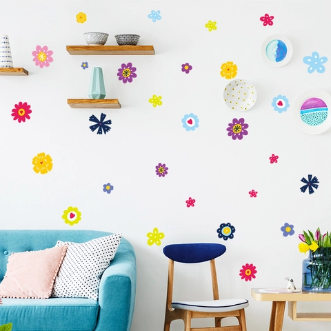 Colorful Cartoon Flower Wall Stickers DIY PVC Removable Nursery Kids Room Home Decor Aesthetic Floral Wall Decals