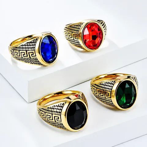 Vintage Herren Edelstahl Ring Mäander-Muster Ovaler Strass Retro Punk Stil Individueller Mode Schmuck Geschenk