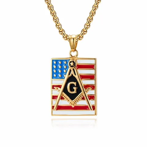 Stainless Steel Masonic Pendant Necklace Men American Flag Square And Compasses G Symbol Hip Hop Vintage Jewelry Gift