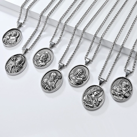 Collier Pendentif Portrait Religieux en Acier Inoxydable Vintage pour Hommes Femmes Rétro Jésus Marie Médaillon en Relief Bijoux